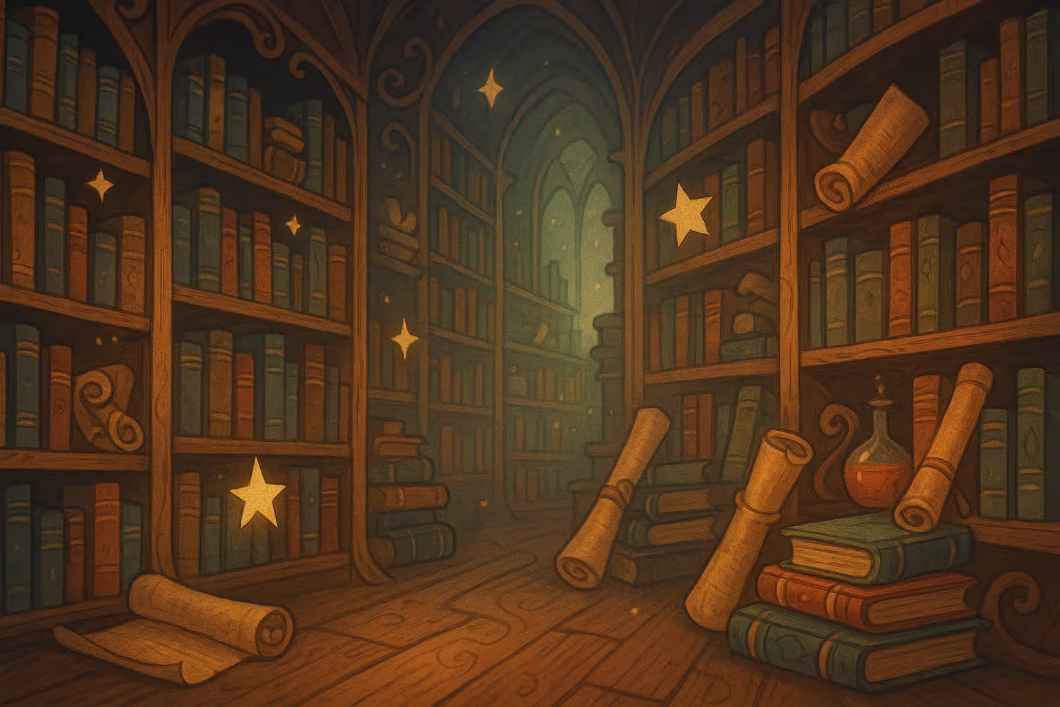 Cartoon scene of a magical library.